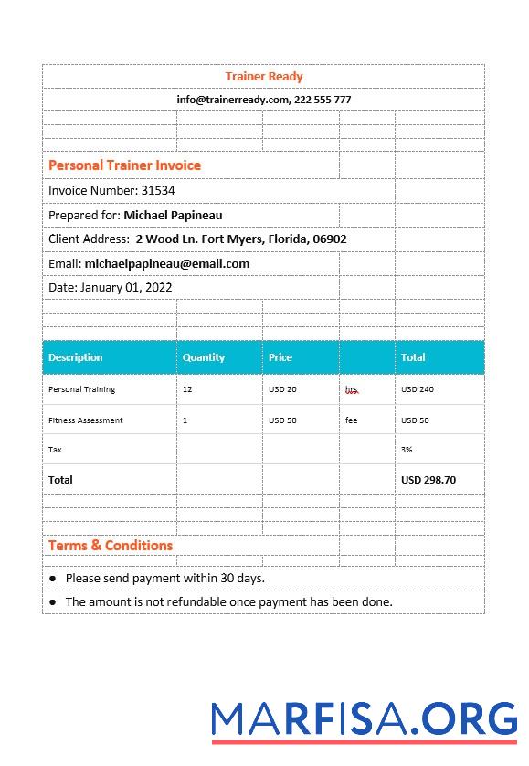 Realistic Personal Trainer Invoice Template